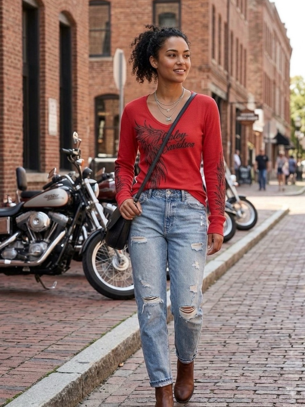 Harley-Davidson Women's Red Long Sleeve V-Neck Top with Black Wing Graphic